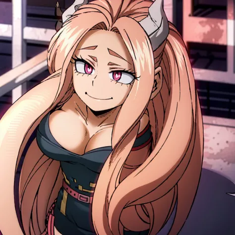 1girl, a demon, sarvente, female focus, boku no hero academia, masterpiece, best quality, very aesthetic, big breasts, long wavy hair, light pink hair, hot pink eyes, smile, black horns, beautiful, sunset