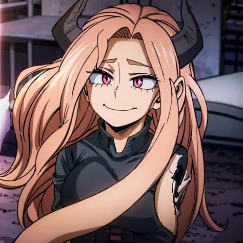 1girl, a demon, sarvente, female focus, boku no hero academia, masterpiece, best quality, very aesthetic, big breasts, long wavy hair, light pink hair, hot pink eyes, smile, black horns, beautiful, sunset