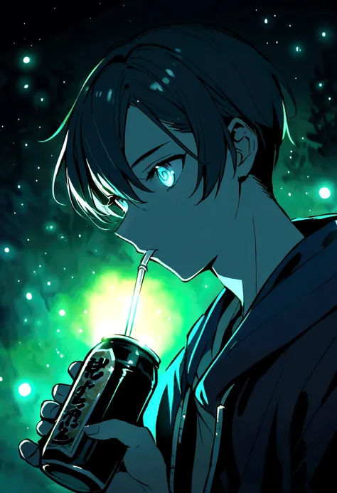 make the boy drinking soda from a black can at night