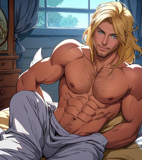 One male, shoulder length hair, blond hair, blue eyes, detailed eyes, tall, slim athletic, nude body, naked body, detalied body, realistic detailed penis, handsome face, detailed realistic anime face with contours, stubble, smile, highest quality, masterpi...