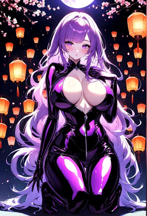 Create a digital artwork of a voluptuous female character with massive breasts in an anime-inspired style. The character should have long, flowing purple hair and large, expressive purple eyes. She should be wearing a tight red corset that accentuates her ...