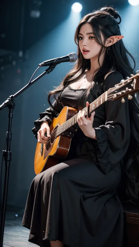 High quality, 8K Ultra HD, ((ink and painting)), ((Highest quality)), ((masterpiece)), (detailed), stage at a concert venue. A bewitching elf woman is singing. Her hair is long, black, and voluminous and loosely wavy. The eyes are black and slightly watery...