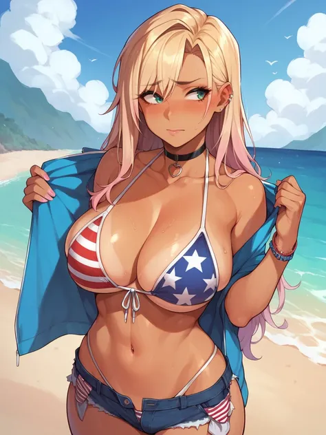 score_9, score_8_up, score_7_up, 1girl, solo, outdoors, beach, flag bikini, american flag bikini, American flag, tomboy, shy, blush, gyaru, standing, choker, looking to the side, big breasts, wide hips, medium long hair,