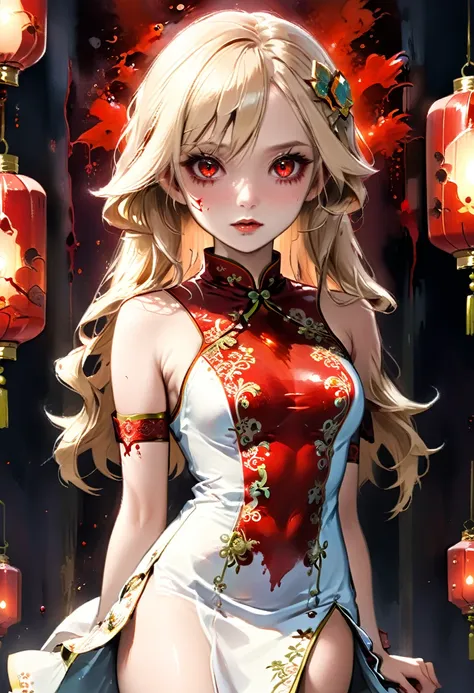 a beautiful female vampire wearing a ((blood stained: 1.5) white cheongsam: 1.5), an extremely beautiful female vampire, ultra d...