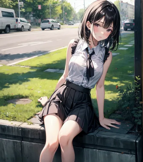 full body, delicate facial features, medium tits, medium hair, black hair, tearful mole, earring, school_uniform, summer shirt, skirt, sleeveless,