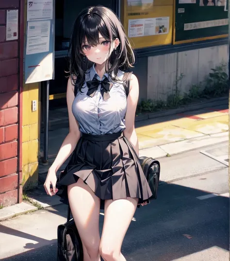 full body, delicate facial features, medium tits, medium hair, black hair, tearful mole, earring, school_uniform, summer shirt, skirt, sleeveless,