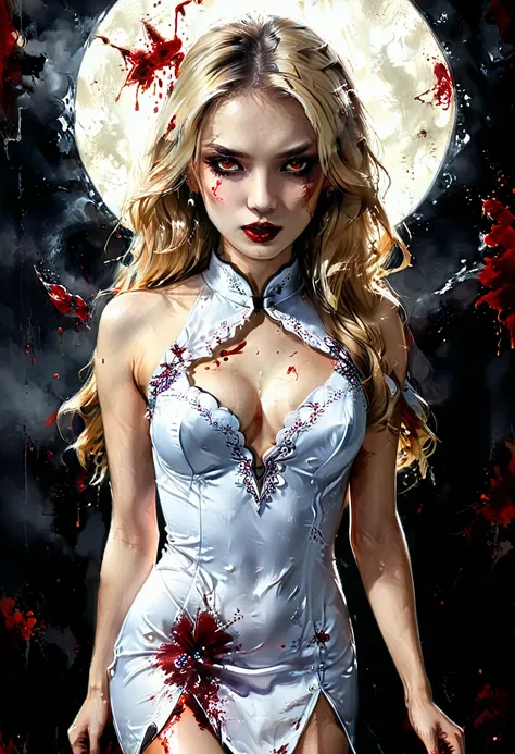 a beautiful female vampire wearing a ((blood stained: 1.5) white Cheongsam: 1.5), an extremely beautiful female vampire, ultra detailed face, blond hair, long hair, wavy hair, dark glamour make up, pale skin, red lips, (glowing red eyes: 1.2), visible (vam...