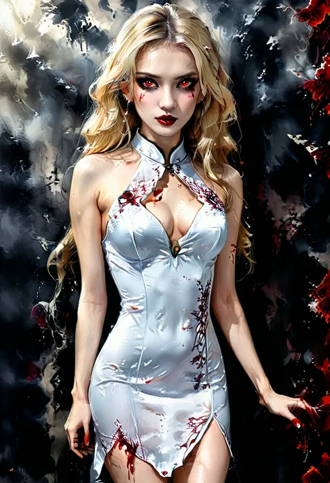 a beautiful female vampire wearing a ((blood stained: 1.5) white Cheongsam: 1.5), an extremely beautiful female vampire, ultra detailed face, blond hair, long hair, wavy hair, dark glamour make up, pale skin, red lips, (glowing red eyes: 1.2), visible (vam...