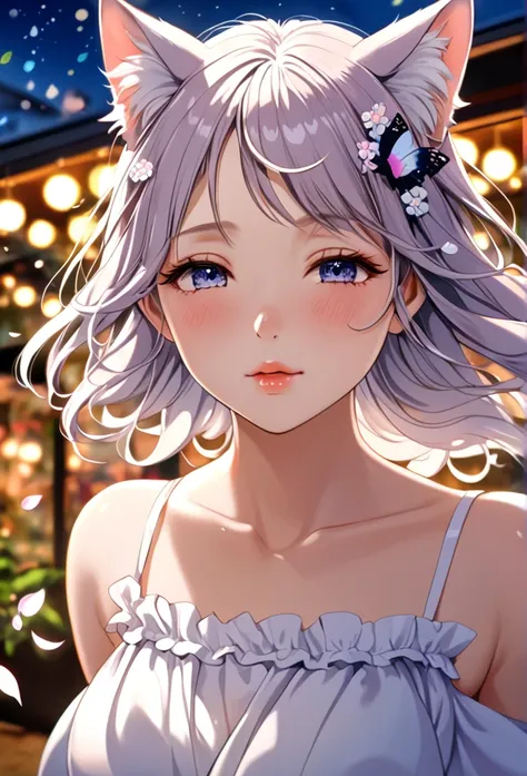 (Ah! My Goddess style:1.2) , Hallucination, daydream , nightmare , Insane Dream , bokeh , erotica , romance , cat nymph and realistic cat , Petals fluttering down , (Single eyelids, round nose, swollen cheeks) , glossy lips , Collarbone , Hair blowing in t...