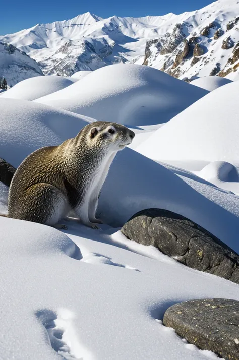 marmot is swimming in white powder