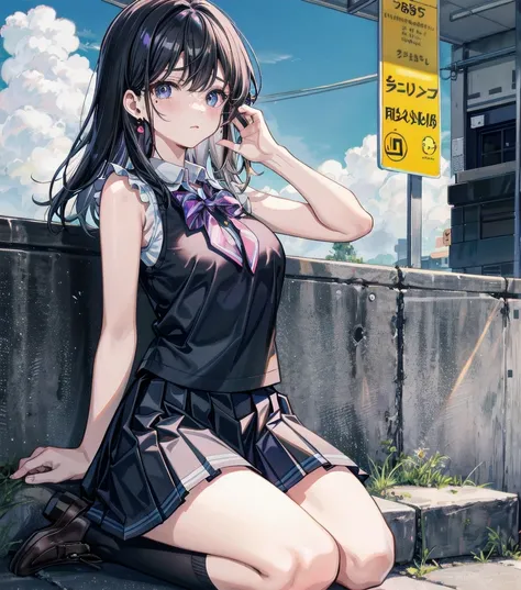 full body, delicate facial features, medium tits, medium hair, black hair, tearful mole, earring, school_uniform, summer shirt, skirt, sleeveless,