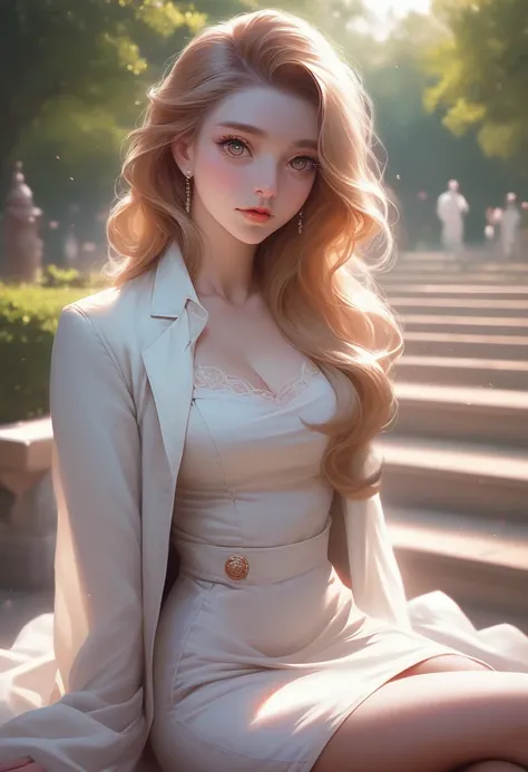 a beautiful korean girl in a white dress, delicate detailed face, beautiful eyes, nose, lips, long eyelashes, sitting in a park, photorealistic, 8k, best quality, masterpiece, professional lighting, photon mapping, radiosity, realistic, detailed, vivid col...