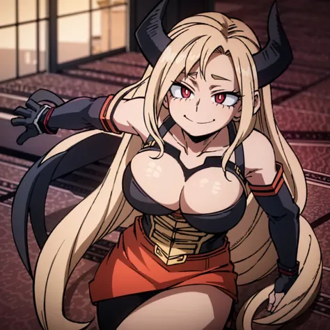 1girl, a demon, sarvente, female focus, boku no hero academia, masterpiece, best quality, very aesthetic, big breasts, long wavy hair, light pink hair, hot pink eyes, smile, black horns, beautiful, sunset