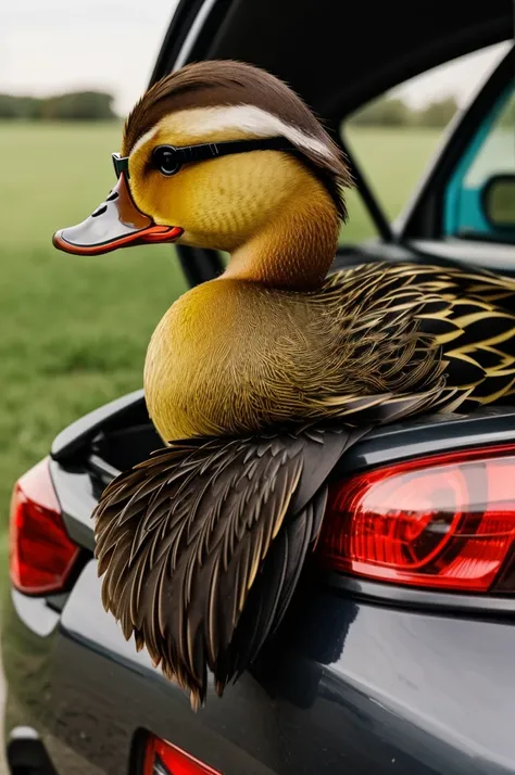 A four-legged duck with glasses that is very ugly and also has a car.