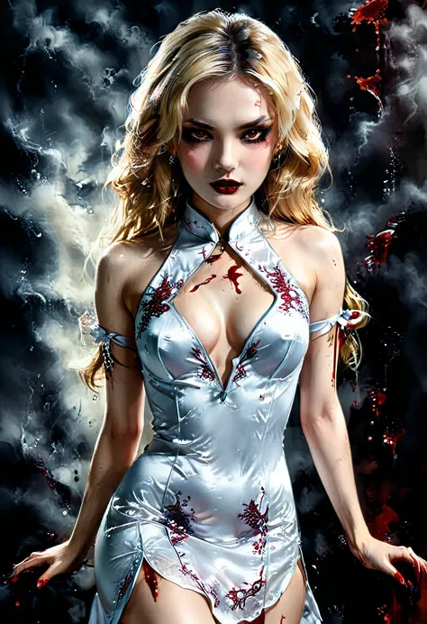 a beautiful female vampire wearing a ((blood stained: 1.5) white Cheongsam: 1.5), an extremely beautiful female vampire, ultra detailed face, blond hair, long hair, wavy hair, dark glamour make up, pale skin, red lips, (glowing red eyes: 1.2), visible (vam...