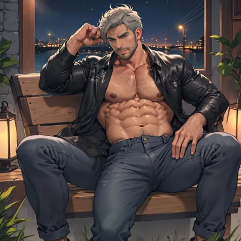 Ruggedly handsome older man, DILF, wearing grey trousers, bare chest. Dominant, Confident, gentleman, solo shot, sitting in leather chair, dink in hand, nightime