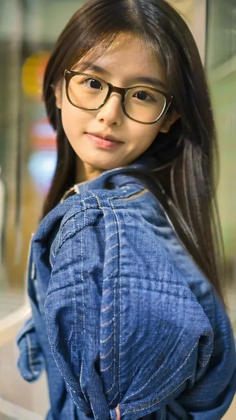 Cute tan Chinese girl wearing glasses, tight jeans, extremely detailed face, 