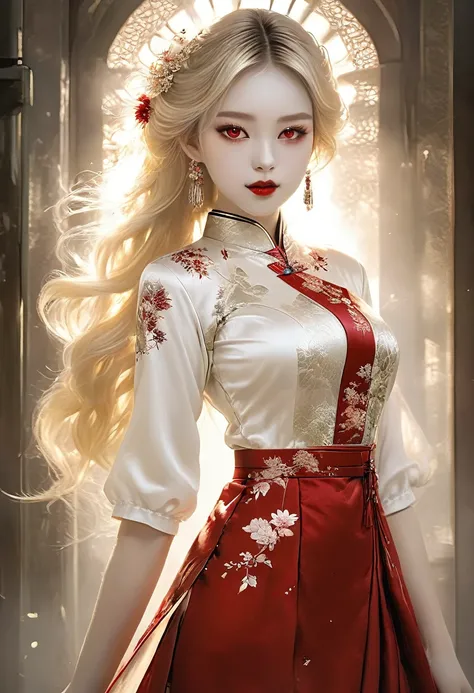 a beautiful female vampire wearing a ((blood stained: 1.5) white Cheongsam: 1.5), an extremely beautiful female vampire, ultra detailed face, blond hair, long hair, wavy hair, dark glamour make up, pale skin, red lips, (glowing red eyes: 1.2), visible (vam...