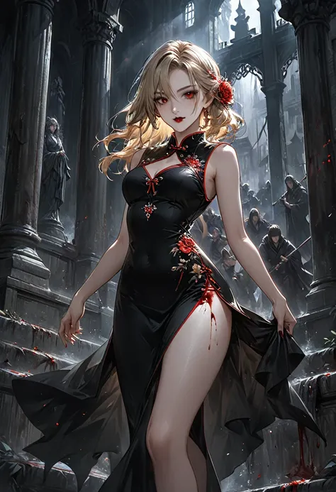 a beautiful female vampire wearing a ((blood stained: 1.5) white cheongsam: 1.5), an extremely beautiful female vampire, ultra d...