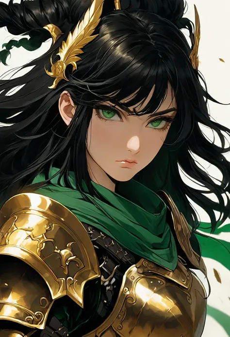 A warrior with burnt gold armor, with dark green eyes and black hair, looking at the origin