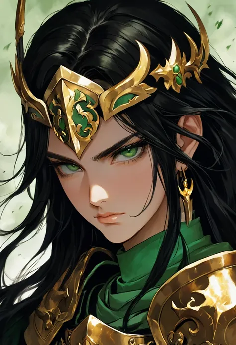 A warrior with burnt gold armor, with dark green eyes and black hair, looking at the origin