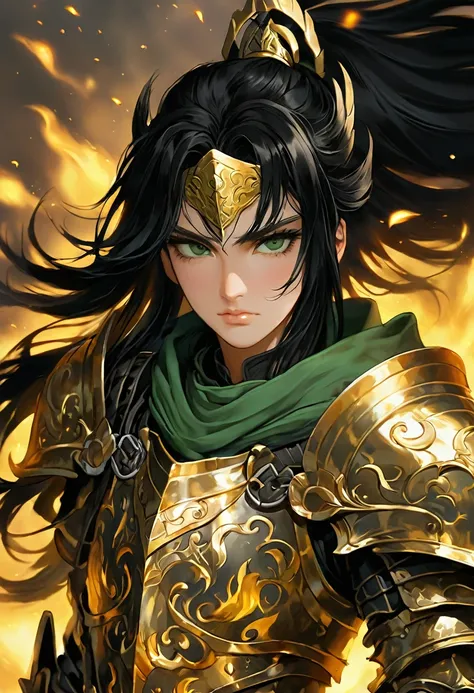 A warrior with burnt gold armor, with dark green eyes and black hair, looking at the origin