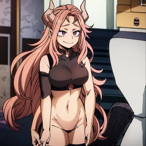 1girl, a demon, sarvente, female focus, boku no hero academia, masterpiece, best quality, very aesthetic, big breasts, long wavy hair, light pink hair, hot pink eyes, smile, black horns, beautiful, sunset