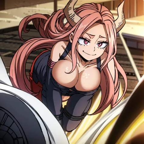 1girl, a demon, sarvente, female focus, boku no hero academia, masterpiece, best quality, very aesthetic, big breasts, long wavy hair, light pink hair, hot pink eyes, smile, black horns, beautiful, sunset