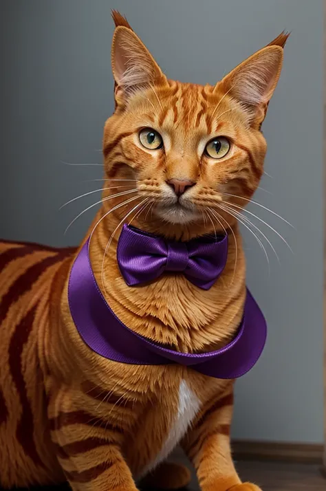 Orange cat with brown stripes, purple bow on the neck and crown