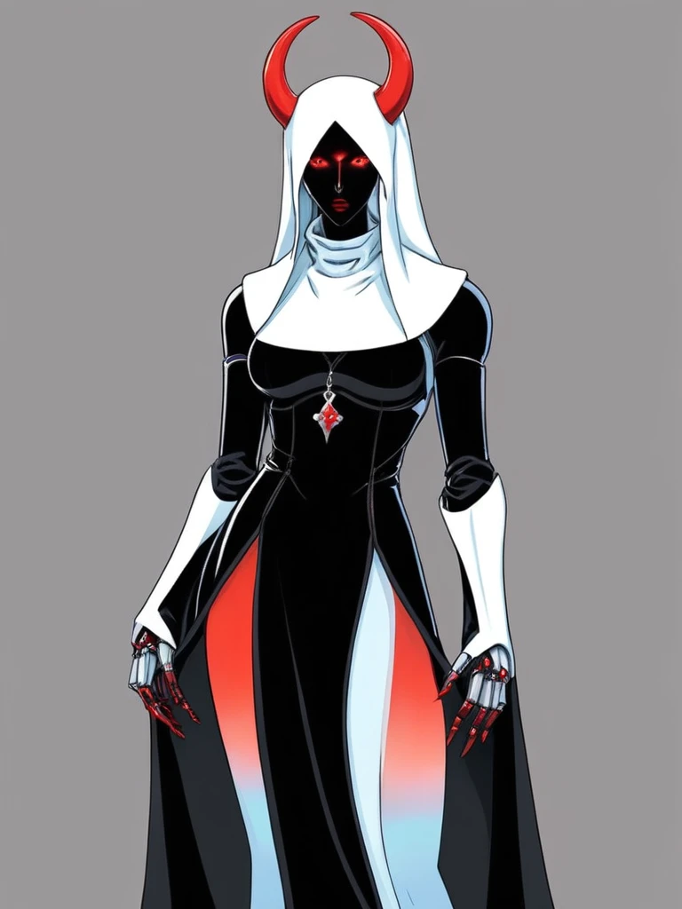 ral-opal, meahophontron, full body, woman robot face, devil nun, negro, looking at camera, body nun clothes, red eyes,