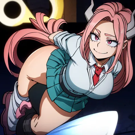 1girl, a demon, sarvente, female focus, boku no hero academia, masterpiece, best quality, very aesthetic, big breasts, long wavy hair, light pink hair, hot pink eyes, smile, black horns, gray jacket, red tie, white shirt, teal skirt, gray tights, boots, be...