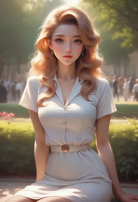 a beautiful korean girl in a white dress, delicate detailed face, beautiful eyes, nose, lips, long eyelashes, sitting in a park, photorealistic, 8k, best quality, masterpiece, professional lighting, photon mapping, radiosity, realistic, detailed, vivid col...