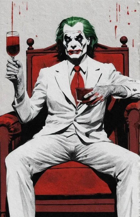 create a drawing from a comic book with joker sitting in an armchair, drinking blood. the illustration should be rendered primar...