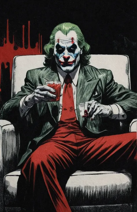 create a drawing from a comic book with joker sitting in an armchair, drinking blood. the illustration should be rendered primar...