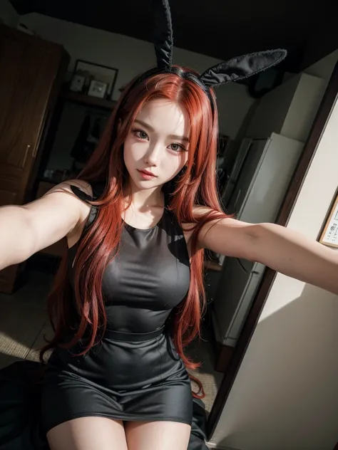  korean with long red hair, Caucasian skin, black dress with bunny ears, Selfie 