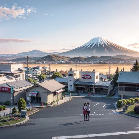 two women standing in a parking lot with a mountain in the background, convenience store, mount fuji in the background, japan travel aesthetic, gas station, “gas station photography, japan rural travel, mount fuji on the background, set in tokyo bank parki...