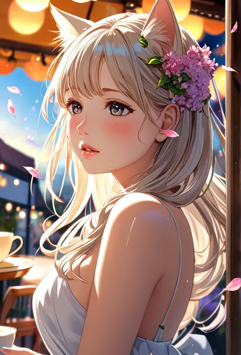 (Ah! My Goddess style:1.2) , Hallucination, daydream , nightmare , Insane Dream , bokeh , erotica , romance , cat nymph and realistic cat , Petals fluttering down , (Single eyelids, round nose, swollen cheeks) , glossy lips , Collarbone , Hair blowing in t...