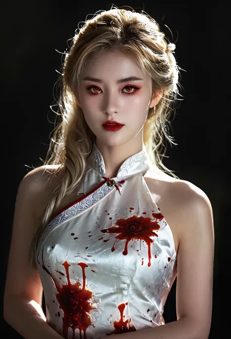 a beautiful female vampire wearing a ((blood stained: 1.5) white Cheongsam: 1.5), an extremely beautiful female vampire, ultra detailed face, blond hair, long hair, wavy hair, dark glamour make up, pale skin, red lips, (glowing red eyes: 1.2), visible (vam...