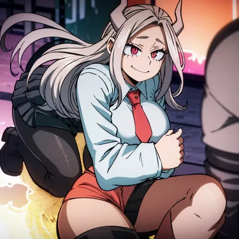 1girl, a demon, sarvente, female focus, boku no hero academia, masterpiece, best quality, very aesthetic, big breasts, gray jacket, red tie, white shirt, teal skirt, gray tights, boots, long wavy hair, light pink hair, hot pink eyes, smile, black horns, be...