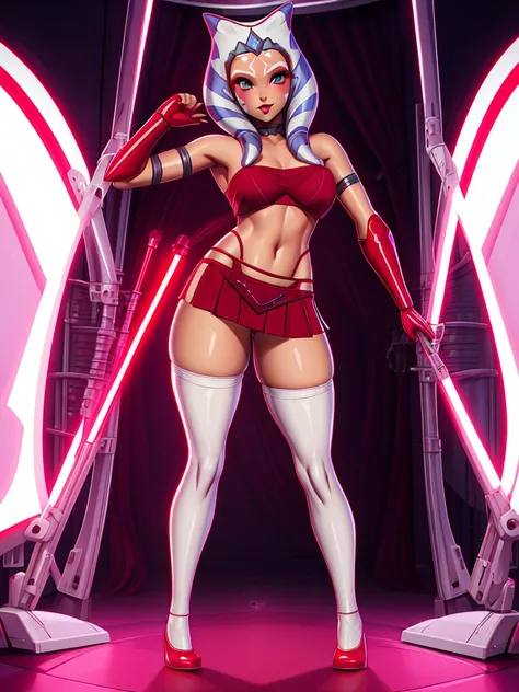 (master part), (best quality), (high resolution) , (ray tracing),  Ahsoka Tano, adolescent,Perfect Anatomia , padawan clothes, Red sheer panties, tube top, diaphragm, miniskirt, white pantyhose