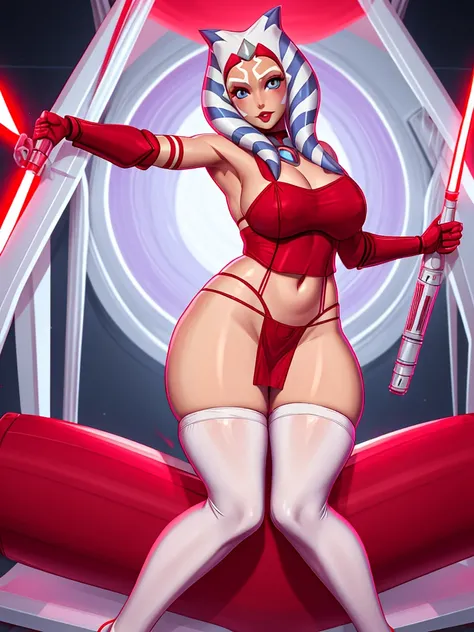 (master part), (best quality), (high resolution) , (ray tracing),  Ahsoka Tano, adolescent,Perfect Anatomia , padawan clothes, Red sheer panties, tube top, diaphragm, miniskirt, white pantyhose