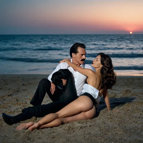 The man in his 45s with black very short hair and smooth face with moustache. The woman in her 45s with brown wavy long hair. The man is wearing an unbuttoned white shirt and black trousers. The woman is wearing a black low-cut evening dress. Seaside, beac...