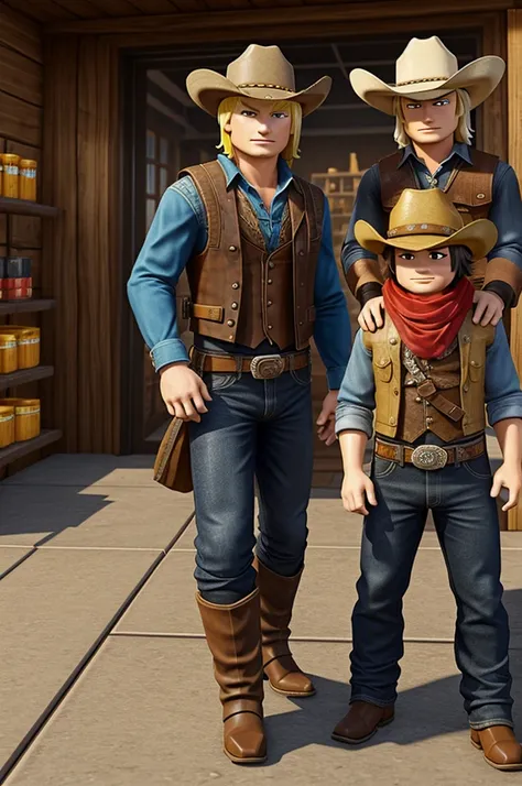 Two cowboys who are bandits robbing a store and have a Roblox design and one cowboy is Blonde 