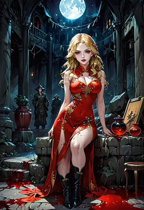 a beautiful female vampire wearing a ((blood stained: 1.5) white Cheongsam: 1.5), an extremely beautiful female vampire, ultra detailed face, blond hair, long hair, wavy hair, dark glamour make up, pale skin, red lips, (glowing red eyes: 1.2), visible (vam...