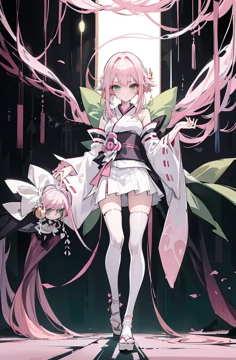 ((A pink-haired))，The hair was long，green eyes,Very long dull hairs，dark city background，white kimono costume，White miko stockings，white mini skirt, night,standing,pink hair,pink hair,