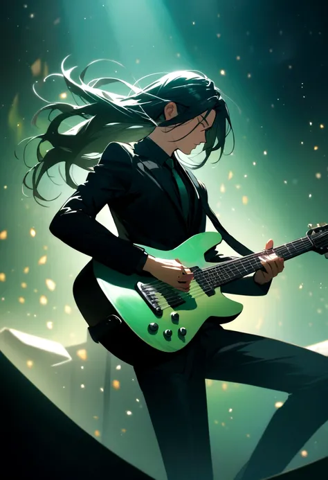 Boy with long hair and black suit playing guitar on a greenish background stage