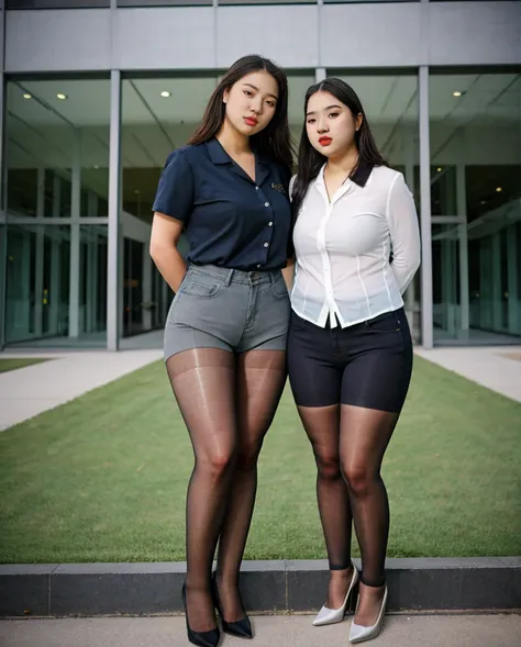 two asian college students plain white shirt and jean shorts, stunning proportions, anatomically correct, gray sheer tights, gre...