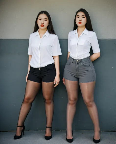 two asian college students plain white shirt and jean shorts, stunning proportions, anatomically correct, gray sheer tights, gre...