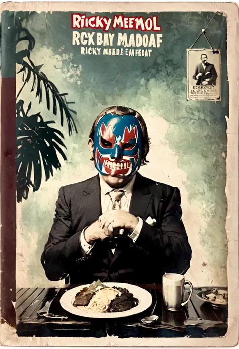 lucha libre masked man, buff, wearing a suit and enjoys a nice meal. album cover called "ricky meatloaf"