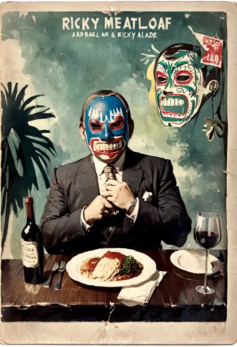 lucha libre masked man, buff, wearing a suit and enjoys a nice meal. album cover called "ricky meatloaf"